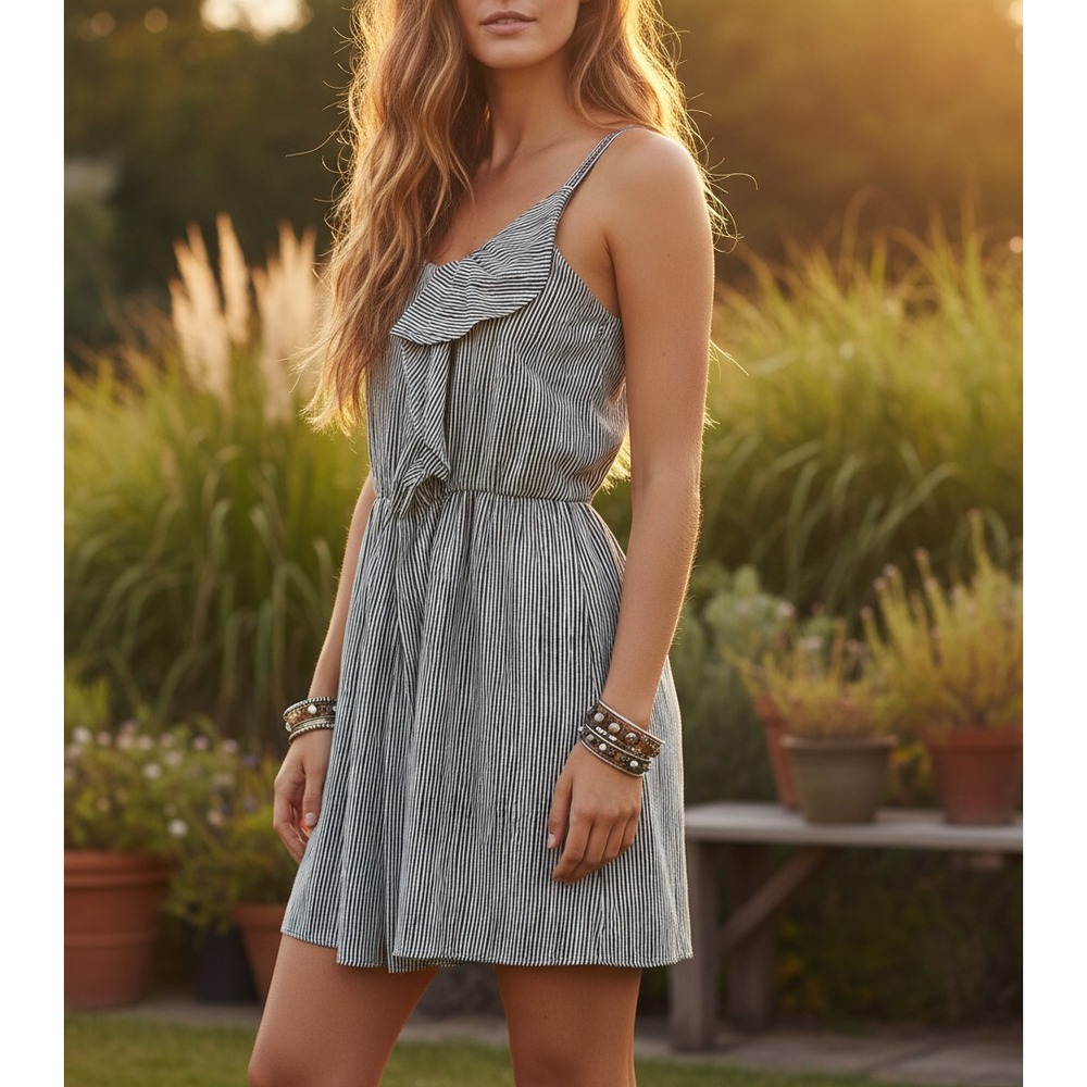 Rachel Roy M Dress Black White Striped Ruffle Sundress Boho Chic Cocktail